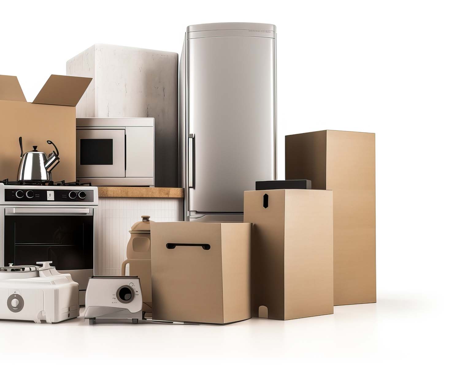 Household kitchen appliances and home electronics in carboard boxes isolated on white. AI generated. Household kitchen appliances and home electronics in carboard boxes isolated on white. E-commerce, internet online shopping and delivery concept. AI generated