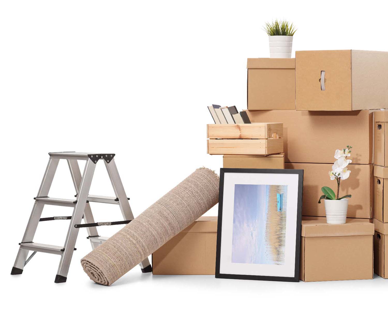 Pile of cardboard boxes packed with items for home removal isolated on white background